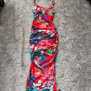 SHEIN Red Floral Ruched Maxi Dress with Green & Blue Accents